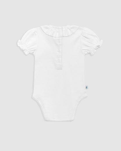 White Ruffle Neck Short Sleeve Bodysuit