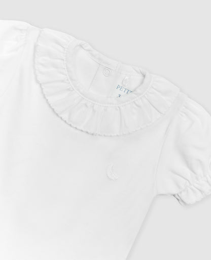 White Ruffle Neck Short Sleeve Bodysuit