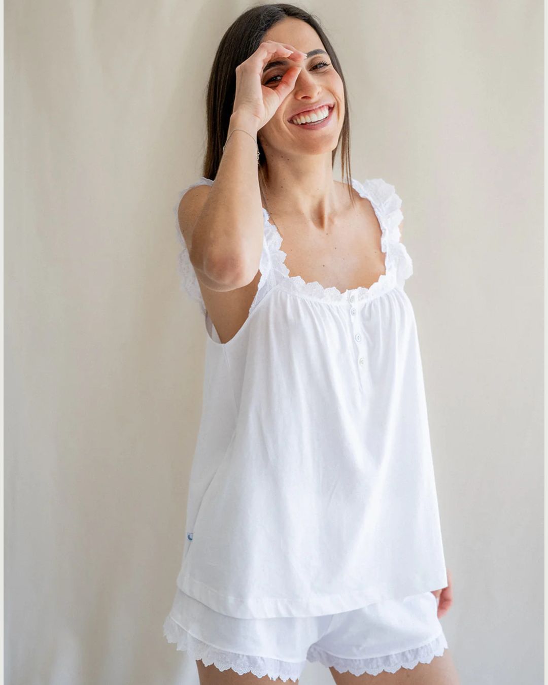 Pijama Mujer Tira Bordada Blanco