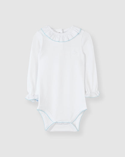 Blue Ruffle Neck Bodysuit