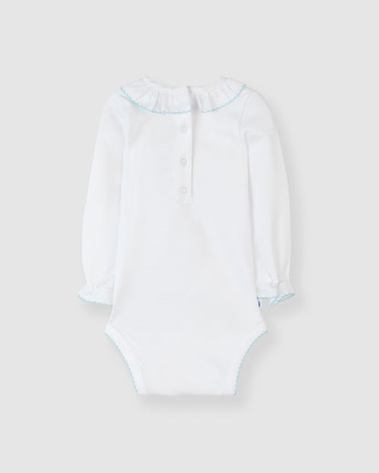 Blue Ruffle Neck Bodysuit